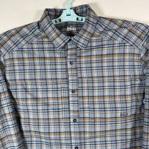 REI Shirt Mens Large Blue Button Up Outdoor Hiking Sahara Long Sleeve Plaid